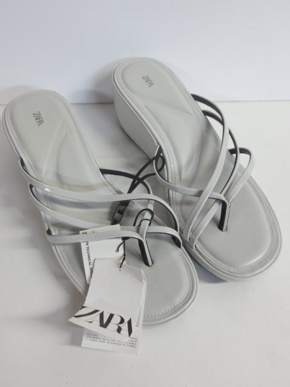 ZARA WOMEN'S STRAPPY WEDGE SLIP ON SANDALS - LIGHT GREY - US 9